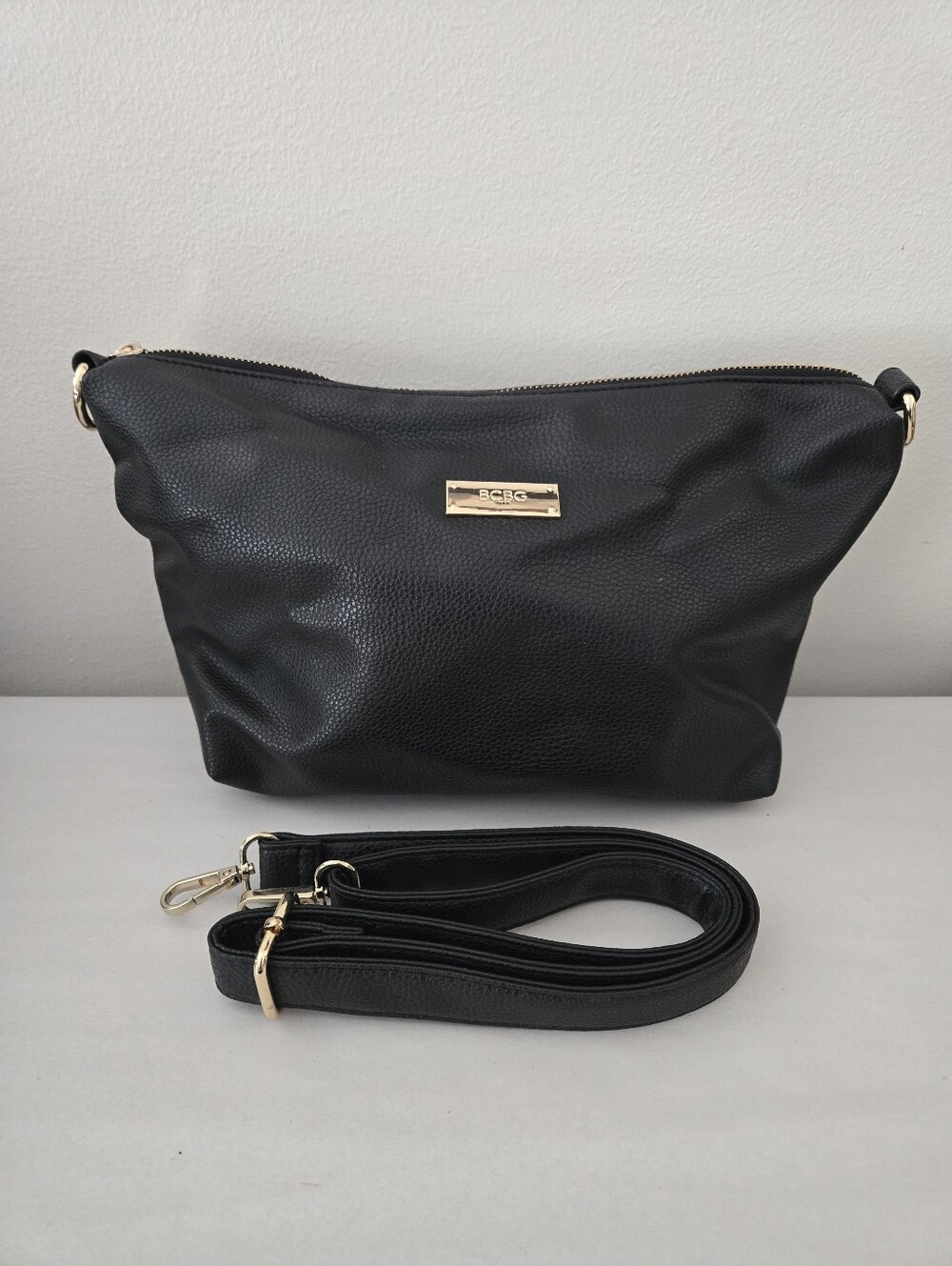 BCBG Black Pebbled Vegan Leather Gold Tone Metal Shoulder Bag